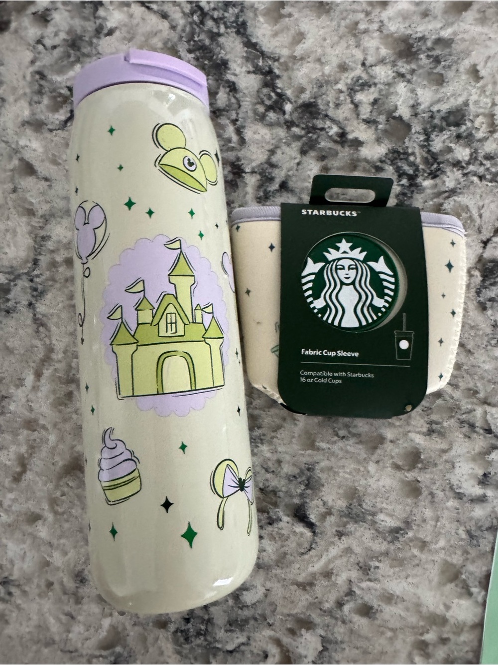 Starbucks Cream & Lavender Castle Travel Bottle with Fabric Cup Sleeve